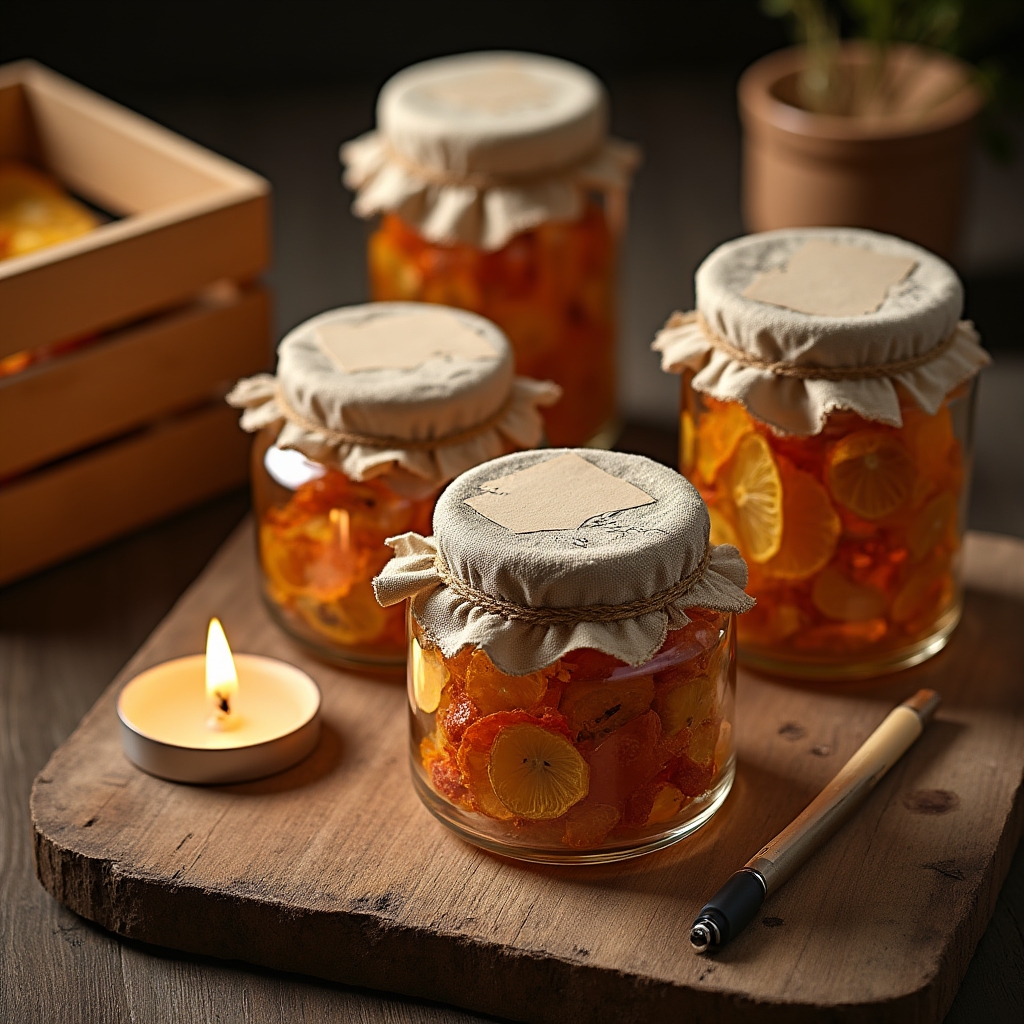 Frascos de vidrio con fruta deshidratada y etiquetas artesanales listos para exhibir en una feria