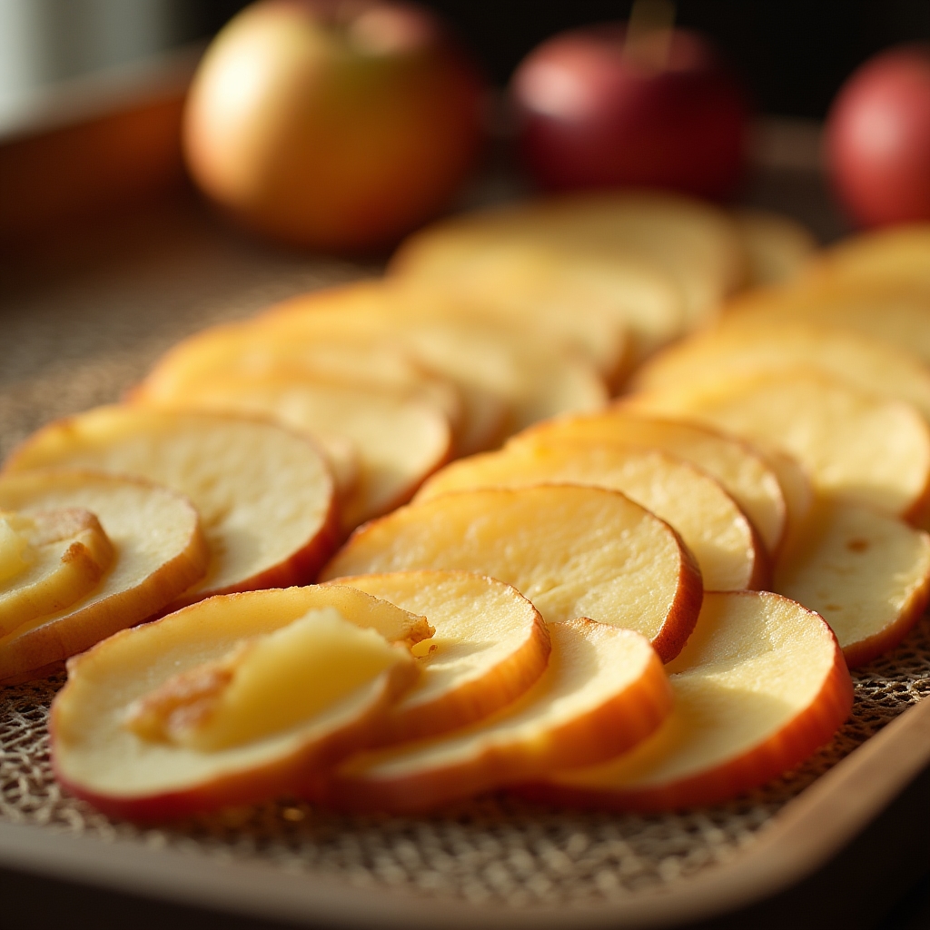 Rodajas de manzana deshidratadas dispuestas en fila sobre bandeja de secado